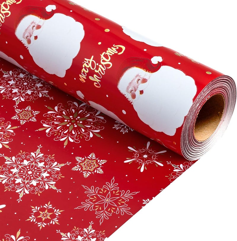 MAYPLUSS Red Christmas Wrapping Paper Roll - 17IN X 33FT - Santa Gift Wrapping Paper Featuring Santa Claus Gold Merry Christmas Reversible Snowflake for Kids, Holiday, New Year - Image 1